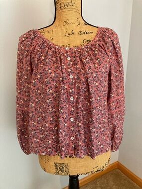 Madewell Mauve Floral Button-Front Peasant Blouse Women Size M